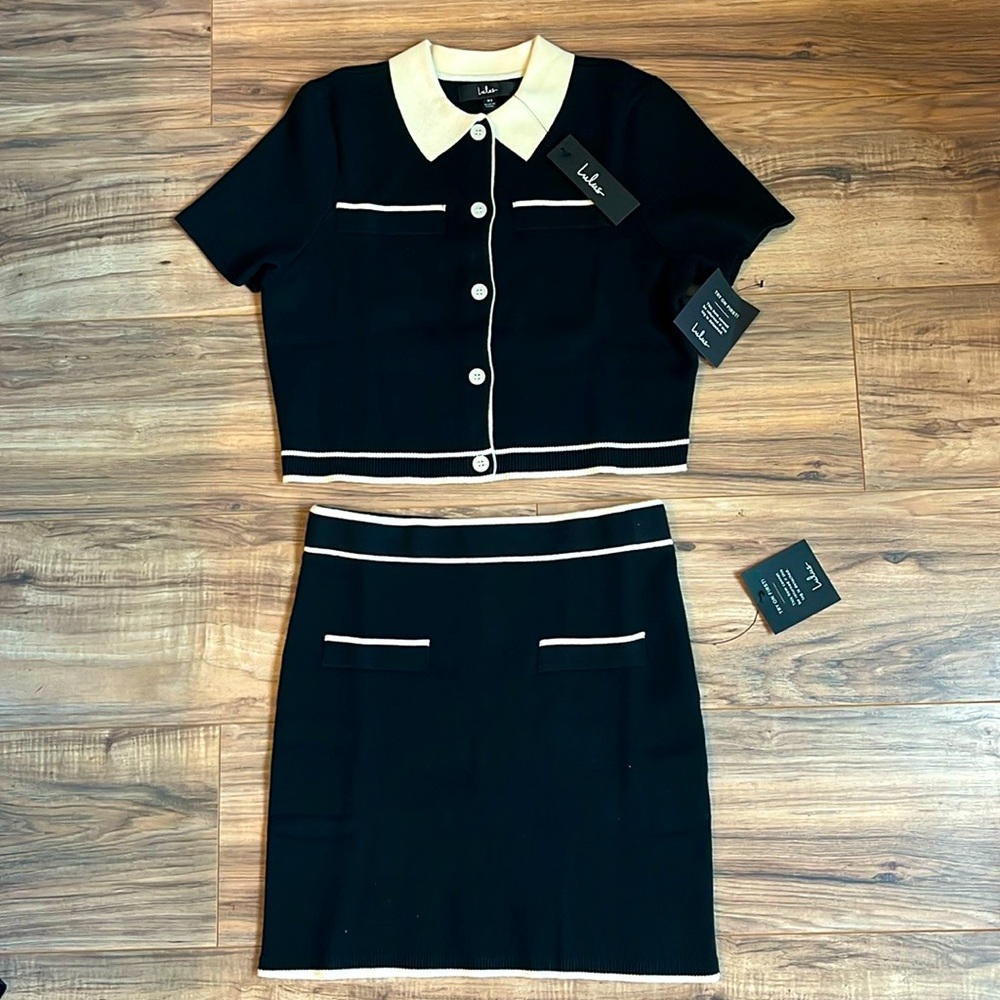 Lulus XS Upscale Look Black and Ivory Knit Collared Two-Piece Mini Dress